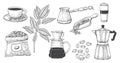 Vintage engraved coffee set. Line art hand drawn engraving style, sketch beans and seeds, antique detailed sack Royalty Free Stock Photo