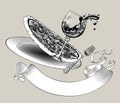 Vintage engraved drawing of Thrown into the air big round pizza, fork, glass with splashed wine and classic ribbon banner