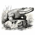 Vintage Engraving Of Crocodile On Rock: Detailed Black And White Illustration Royalty Free Stock Photo