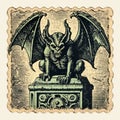 Vintage Engraving Of Gothic Gargoyle Perched On Box