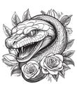 Vintage engraving of snake head with flower decorations