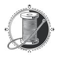 Vintage engraving style emblem of a spool of thread and needle threader in a circular frame Royalty Free Stock Photo