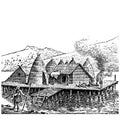 Vintage engraving of a stilt house