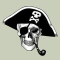 Vintage engraving stylized drawing of a human skull full face in a cocked hat with a pirate symbol, with a black eye patch and a