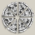 Vintage engraving stylized line drawing of big round tasty pizza cut into equal parts