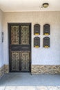 Vintage entrance in house with door and mailboxes