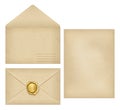 Vintage envelope with place for address, empty old grunge paper writing letter, golden wax seal postmark for sealed Royalty Free Stock Photo