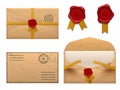 Vintage envelope. Retro envelopes letter with wax seal stamp, old mail delivery vector set Royalty Free Stock Photo