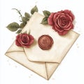 Vintage envelope with rose and wax seal composition Royalty Free Stock Photo