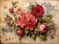 Vintage ephemera background with victorian style flowers and engravings. Old paper texture. Generative AI