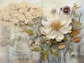 Vintage ephemera and white flowers. Decoupage scrapbooking paper texture. Generative AI