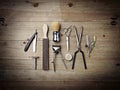 Vintage equipment of barber shop on wood background Royalty Free Stock Photo