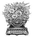 Retro typewriter and flowers illustration. Vintage equipment machine with keyboard buttons