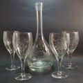 Vintage etched glass decanter and wine glasses