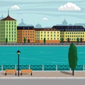 Vintage Europe city landscape illustration. City buildings along the river. Beautiful cartoon illustration.