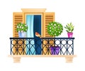 Vintage European balcony, city window front view vector illustration, house plants, shutters, rails, blossom. Royalty Free Stock Photo