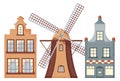 Vintage european city buildings and rural windmill