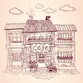 Vintage european street. Cozy cafe house. Hand drawn Vector Illustration. Royalty Free Stock Photo