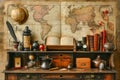 Vintage Exploration and Travel Themed Desk with World Map, Antique Books, and Nautical Accents Royalty Free Stock Photo