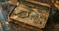 Vintage eyeglasses on an antique leather case Royalty Free Stock Photo