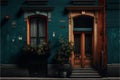 Vintage facade of old building with a door and a flowerpot