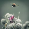 Vintage faded close-up image of a bumblebee flying away from purple Great Globe Thistle flower, blurred green background