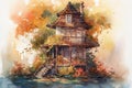 Vintage fairytale house on white background in watercolor style in summer Royalty Free Stock Photo