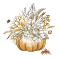 Vintage fall chrysanthemums, pumpkin greeting card