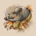 Vintage fall illustration. Cute wild boar with autumn leaves and acorns brunch