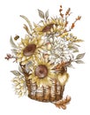Vintage fall sunflowers, wicker basket greeting card