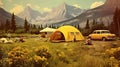 Vintage family camping in a tent in nature, photography, mountains, background design, Generative AI