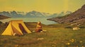 Vintage family camping in a tent in nature, photography, mountains, background design, Generative AI