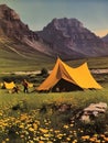 Vintage family camping in a tent in nature, photography, mountains, background design, Generative AI