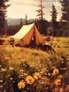 Vintage family camping in a tent in nature, photography, mountains, background design, Generative AI