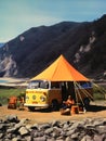 Vintage family camping in a tent in nature, photography, mountains, background design, Generative AI