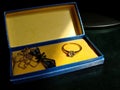 Vintage neckless and ring in jewelry box. Shadow over neckless. Nostalgia. Vintage. Memories. Family jewelry.