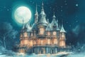 Vintage fantasy castle front at night with full moon