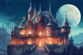 Vintage fantasy castle front at night with full moon