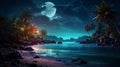 Vintage fantasy tropical beach with starry night sky, full moon, retro style and vintage color tones Royalty Free Stock Photo