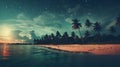 Vintage fantasy tropical beach under starlit sky and full moon in retro style artwork Royalty Free Stock Photo