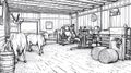 Farm Barn Interior Sketch with Cattle, Hay Bales, and Milking Equipment Royalty Free Stock Photo
