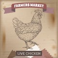 Vintage farmers market label with live chicken.