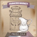 Vintage farmers market label with metal milk can and pitcher.