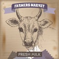 Vintage farmers market label with milk cow.