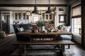 vintage farmhouse with mix of modern and rustic decor, featuring wooden tables and metal accents