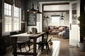 vintage farmhouse with mix of modern and rustic decor, featuring wooden tables and metal accents