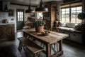 vintage farmhouse with mix of modern and rustic decor, featuring wooden tables and metal accents