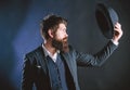 Vintage fashion. Man well groomed bearded gentleman on dark background. Male fashion and menswear. Formal suit classic Royalty Free Stock Photo