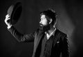 Vintage fashion. Man well groomed bearded gentleman on dark background. Male fashion and menswear. Formal suit classic Royalty Free Stock Photo