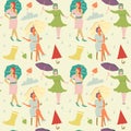Vintage Fashion Seamless Pattern. Faceless Women with Umbrella Background
